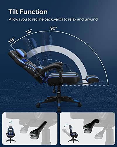 Songmics Gaming Chair Chaise De Bureau, Repose-pieds, Hauteur Réglable, Angle D'inclinaison Ergonomique 90-135° Charge 150 Kg Noir Bleu 4 Songmics Gaming Chair Chaise De Bureau, Repose-pieds, Hauteur Réglable, Angle D'inclinaison Ergonomique 90-135° Charge 150 Kg Noir Bleu – Image 4