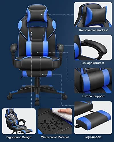 Songmics Gaming Chair Chaise De Bureau, Repose-pieds, Hauteur Réglable, Angle D'inclinaison Ergonomique 90-135° Charge 150 Kg Noir Bleu 5 Songmics Gaming Chair Chaise De Bureau, Repose-pieds, Hauteur Réglable, Angle D'inclinaison Ergonomique 90-135° Charge 150 Kg Noir Bleu – Image 5