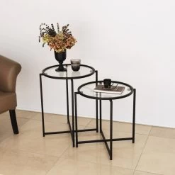 Table D'appoint Locelso" | 100 % Verre Trempé Et Structure Métallique | Noir