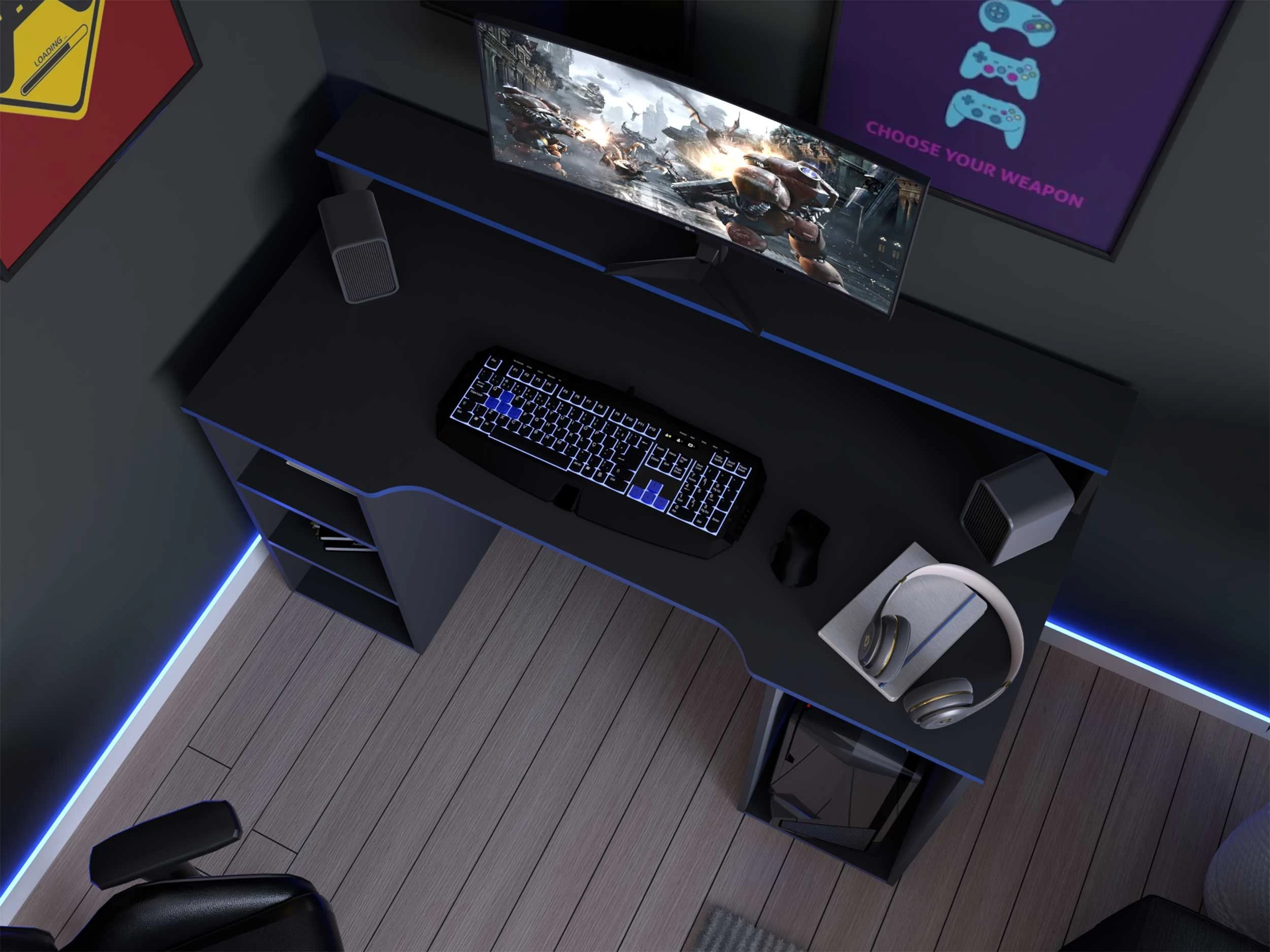 Bureau Gaming Seis 136cm - Noir/bleu 3 Bureau Gaming Seis 136cm - Noir/bleu – Image 3