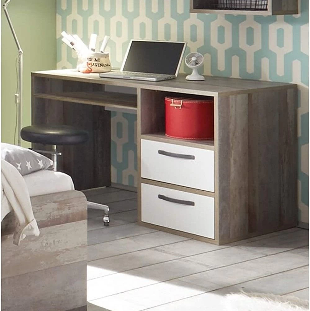 Bureau Petrus 125cm Avec 2 Tiroirs - Blanc/bois Flottant 1 Bureau Petrus 125cm Avec 2 Tiroirs - Blanc/bois Flottant