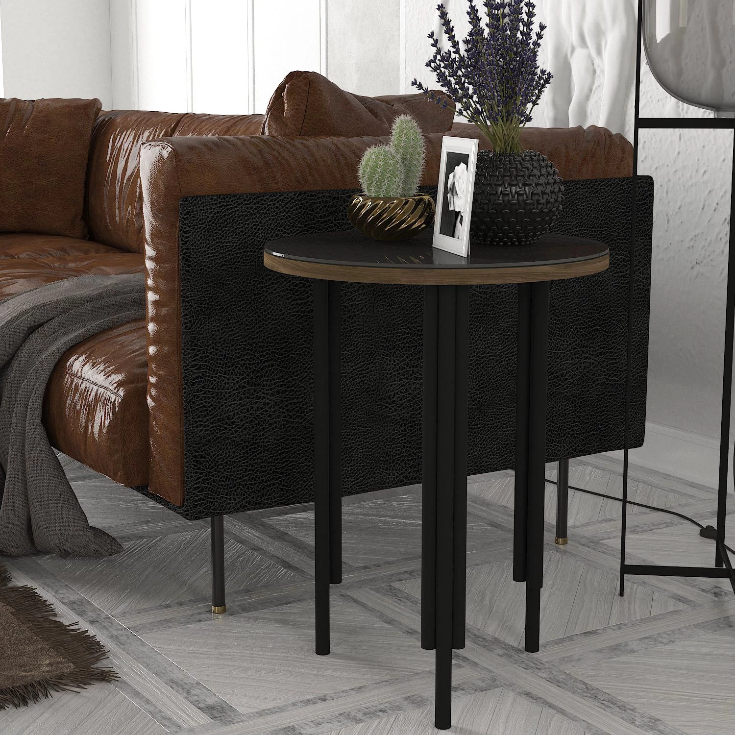 Tera Home Table D'appoint | Epaisseur 18mm | Cadre En Métal | Plateau 100% Verre | Noyer Anthracite