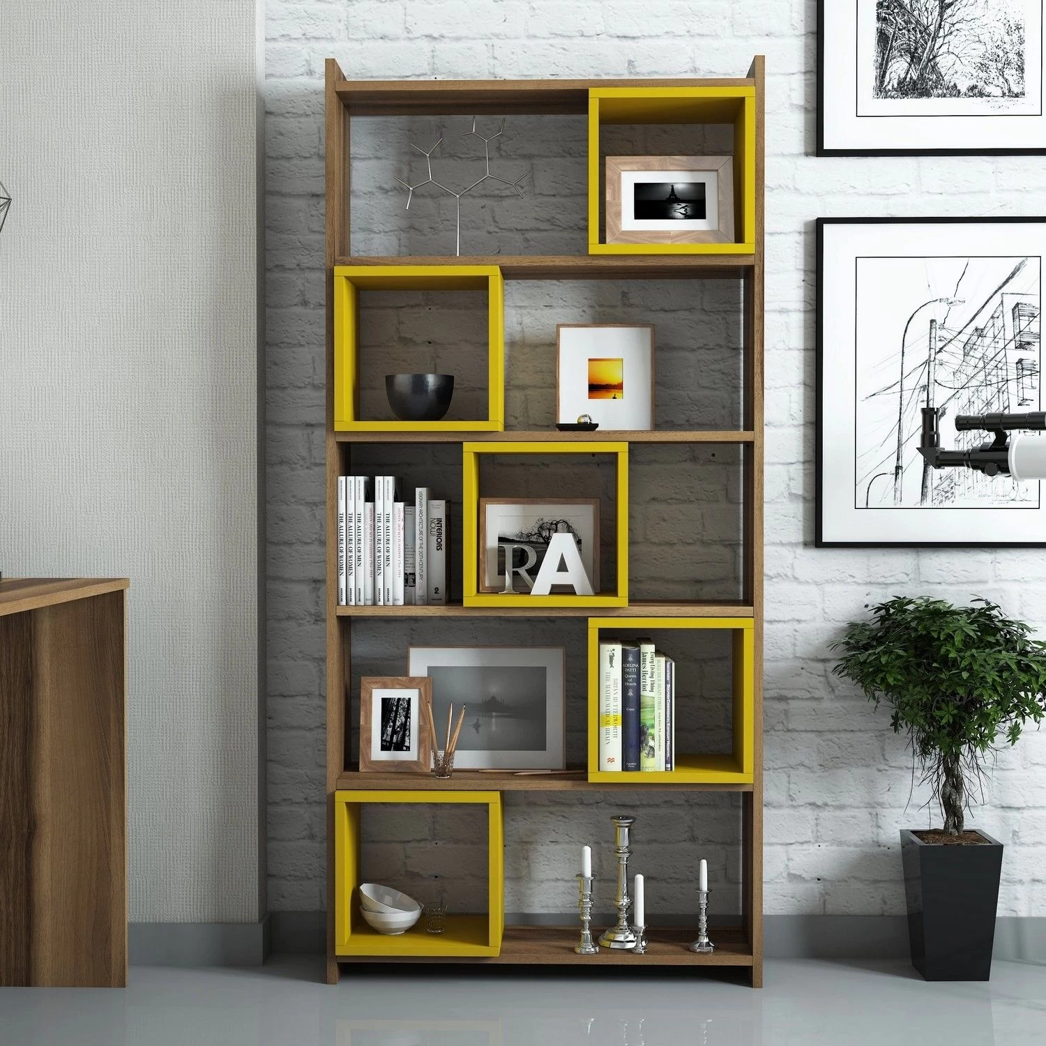 Woody Fashion Bookshelf | 170cm Height | Walnut Yellow 4 Woody Fashion Bookshelf | 170cm Height | Walnut Yellow – Image 4