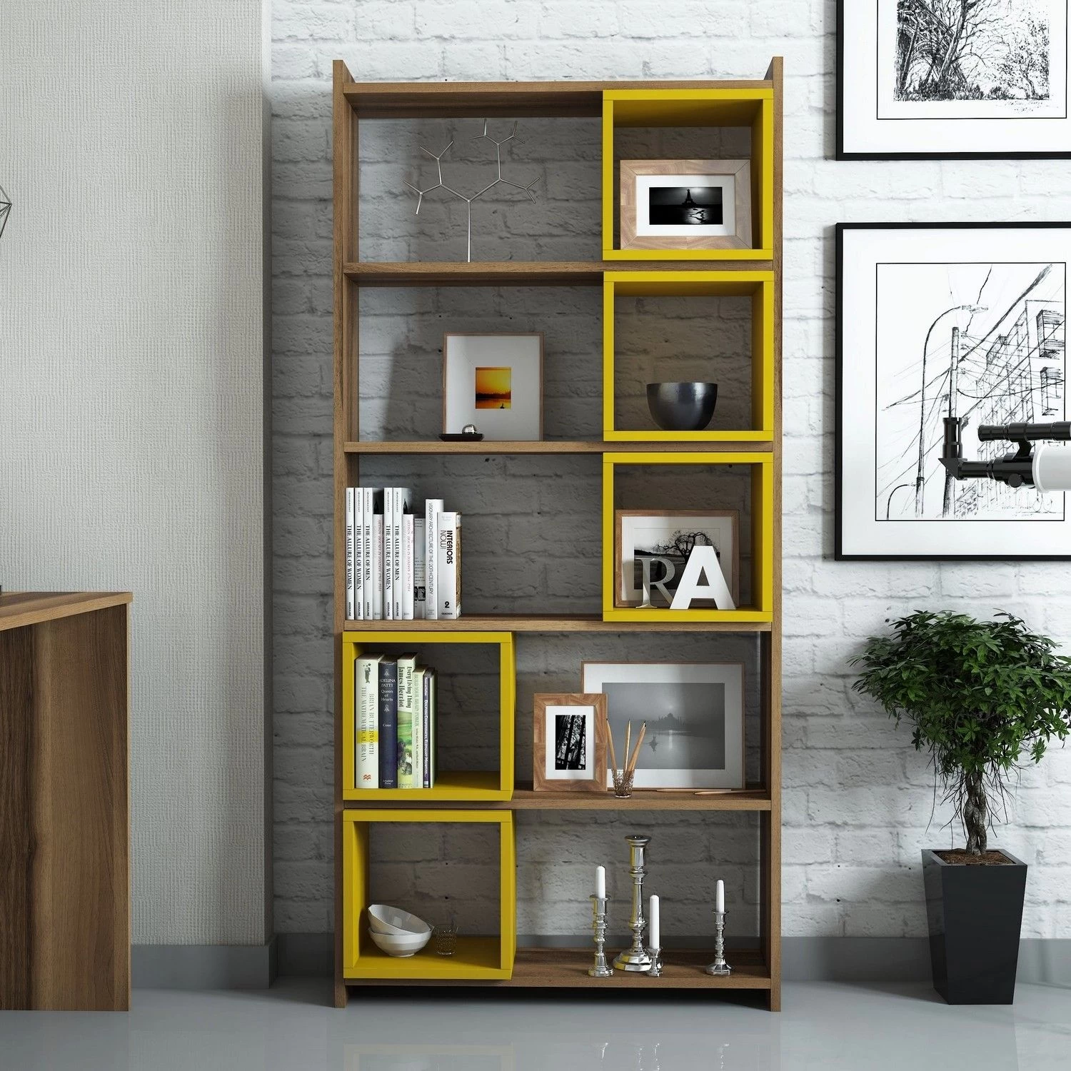 Woody Fashion Bookshelf | 170cm Height | Walnut Yellow 5 Woody Fashion Bookshelf | 170cm Height | Walnut Yellow – Image 5