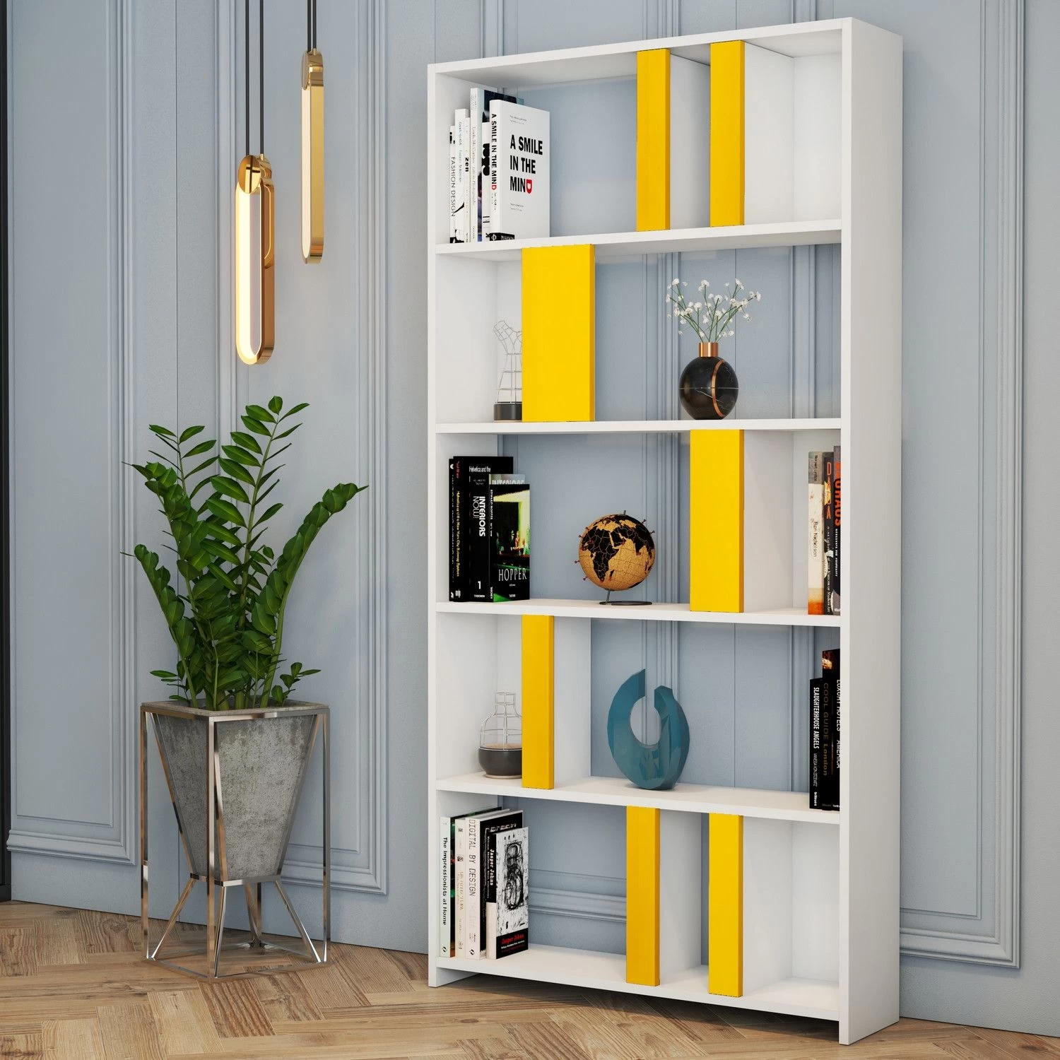 Bibliothèque Stylisée Woody Fashion" | 18mm Epaisseur | 90x180x20cm | Blanc Jaune 1 Bibliothèque Stylisée Woody Fashion" | 18mm Epaisseur | 90x180x20cm | Blanc Jaune