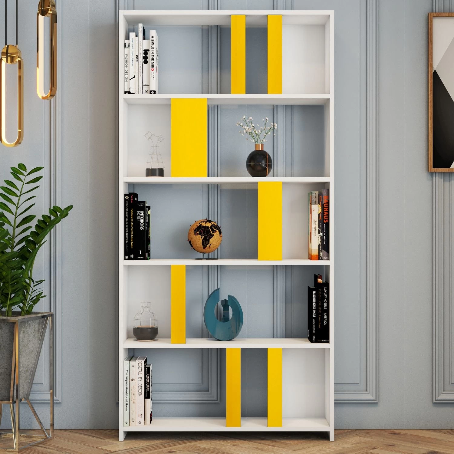 Bibliothèque Stylisée Woody Fashion" | 18mm Epaisseur | 90x180x20cm | Blanc Jaune 4 Bibliothèque Stylisée Woody Fashion" | 18mm Epaisseur | 90x180x20cm | Blanc Jaune – Image 4