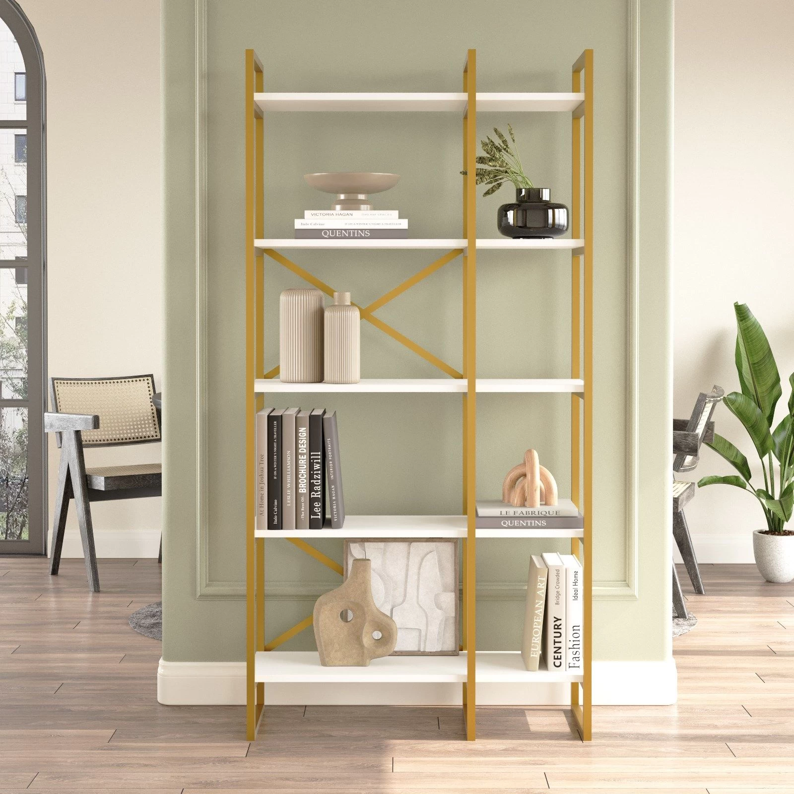 Bibliothèque Locelso | 18mm Melamine Coated | Metal Frame | 87" Width | White Gold 6 Bibliothèque Locelso | 18mm Melamine Coated | Metal Frame | 87" Width | White Gold – Image 6