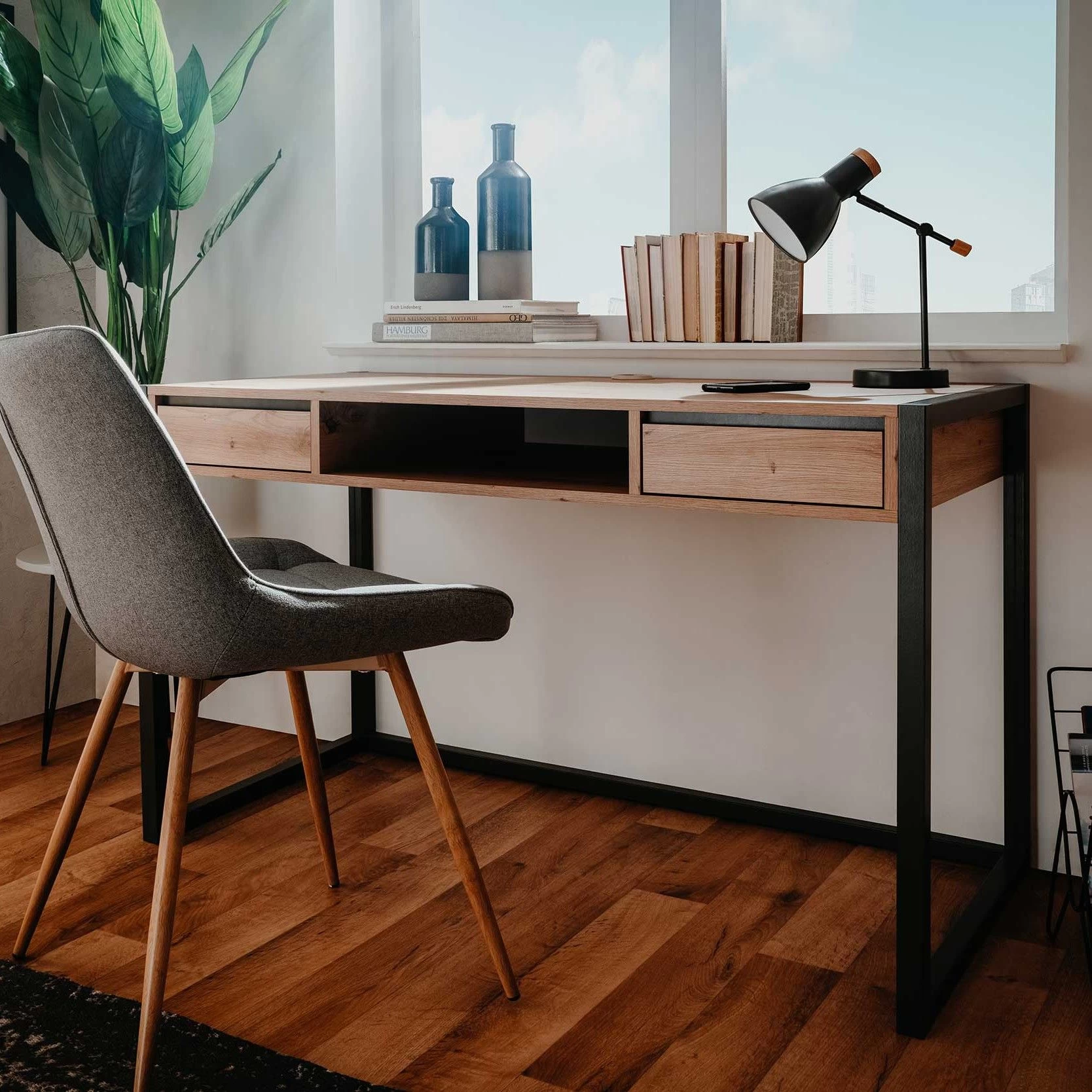 Bureau Damon 120cm 2 Tiroirs - Chêne/anthracite 1 Bureau Damon 120cm 2 Tiroirs - Chêne/anthracite