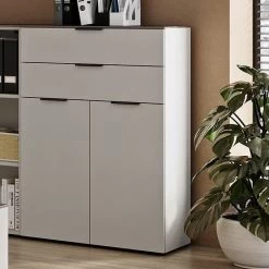 Classeur Bas Anaelle 80cm à 2 Portes & 2 Tiroirs - Blanc/noyer