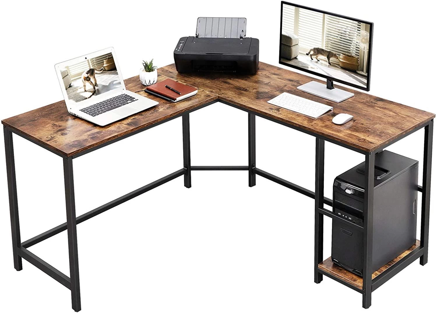 Bureau D'angle Fabrice 138cm 2 Tablettes - Brun Rustique/noir 8 Bureau D'angle Fabrice 138cm 2 Tablettes - Brun Rustique/noir – Image 8