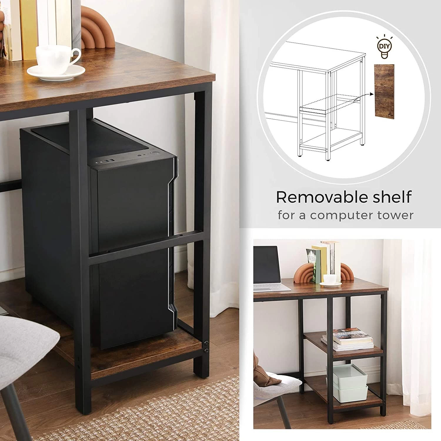 Bureau D'angle Fabrice 138cm 2 Tablettes - Brun Rustique/noir 4 Bureau D'angle Fabrice 138cm 2 Tablettes - Brun Rustique/noir – Image 4