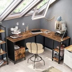 Bureau D'angle Fabrice 150 Cm Avec Tiroir & Tablettes - Rustique Brun/noir