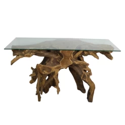 Table D'appoint Root 120x40 Cm-bois De Teck Racine Avec Plateau En Verre