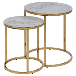 Ensemble De 2 Tables D'appoint Rondes Anika - Marble Blanc/doré