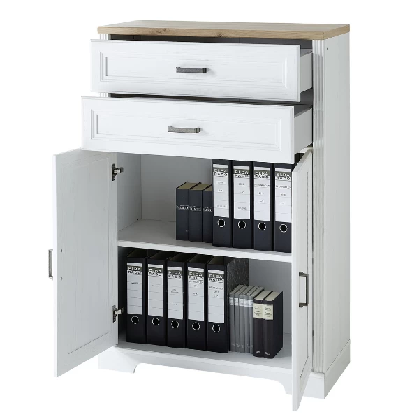 Classeur Samine 86x38x127cm Avec 2 Tiroirs & 2 Portes - Blanc/chêne 4 Classeur Samine 86x38x127cm Avec 2 Tiroirs & 2 Portes - Blanc/chêne – Image 4