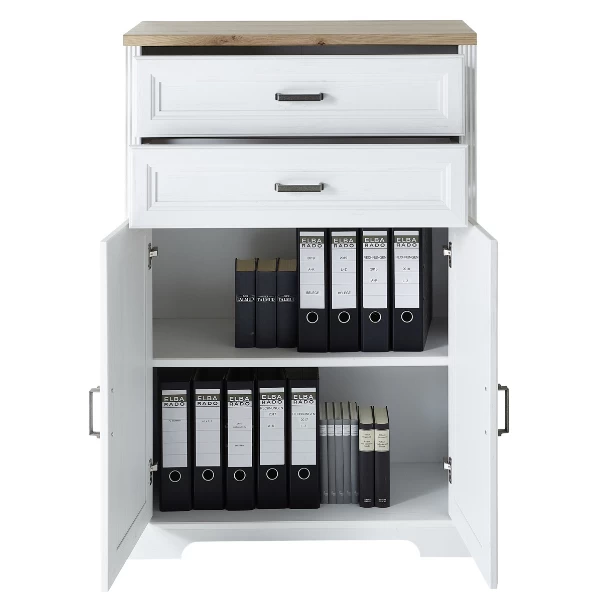 Classeur Samine 86x38x127cm Avec 2 Tiroirs & 2 Portes - Blanc/chêne 2 Classeur Samine 86x38x127cm Avec 2 Tiroirs & 2 Portes - Blanc/chêne – Image 2
