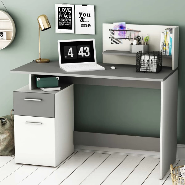 Bureau Pleun 1 Tiroir, 1 Porte Tournante, 1 Niche, 1 étagère Ouverte Et 2 élastiques-blanc Mat/gris Foncé 1 Bureau Pleun 1 Tiroir, 1 Porte Tournante, 1 Niche, 1 étagère Ouverte Et 2 élastiques-blanc Mat/gris Foncé