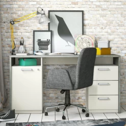 Bureau Steffano 1 Porte Tournante, 1 étagère, 3 Tiroirs Et 2 Niches-béton/blanc Mat