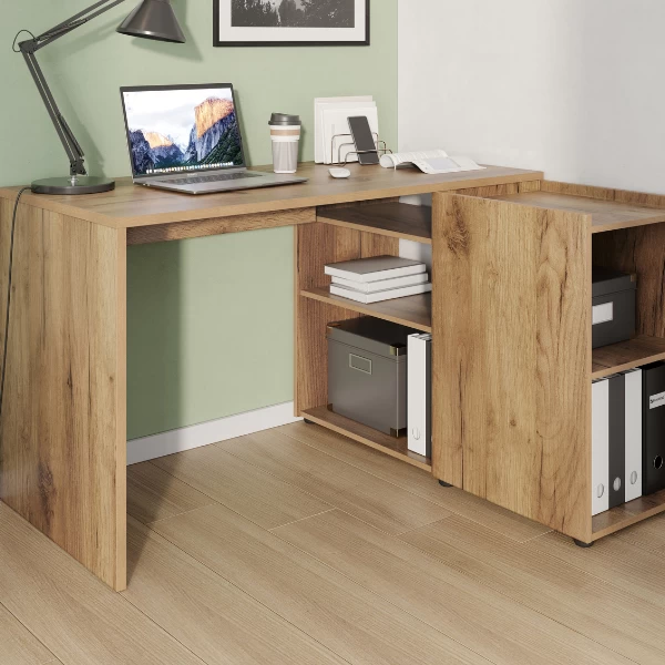 Bureau D'angle Oliveira Avec Espace De Rangement - Décor Chêne 6 Bureau D'angle Oliveira Avec Espace De Rangement - Décor Chêne – Image 6