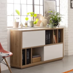 Armoire Classeur Sorbonne 140cm Avec Deux Portes Coulissantes - Décor Chêne/blanc