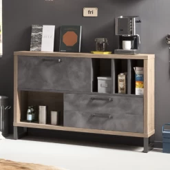 Buffet Faber 140cm Avec Porte Abattante Et Deux Tiroirs - Décor Chêne/aspect Béton