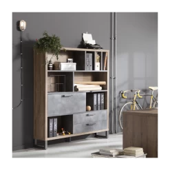 Bibliothèque Faber 140cm Avec Porte Abattante Et Deux Tiroirs - Décor Chêne/aspect Béton -Meubles Tables Et Chaises Shop Ontwerp zonder titel 2023 09 21T170137.933 471d 1