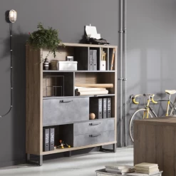 Bibliothèque Faber 140cm Avec Porte Abattante Et Deux Tiroirs - Décor Chêne/aspect Béton