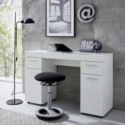 Bureau Moderne Armand Avec 2 Portes, 2 étagères, 2 Tiroirs - Blanc Brillant