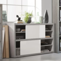 Armoire à Classeurs Prato 140cm Avec Deux Portes Coulissantes - Béton/blanc Brillant