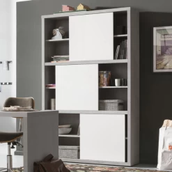 Armoire à Classeurs Prato 120cm Avec Deux Portes Coulissantes - Béton/blanc Brillant