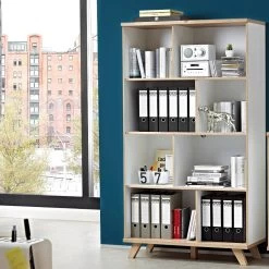 Bibliothèque Ousmane 120cm Avec 8 Espaces De Rangement - Blanc/chêne