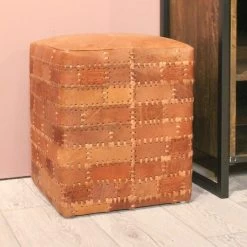 Pouf Patchwork 33x33cm Cuir - Cognac Vintage