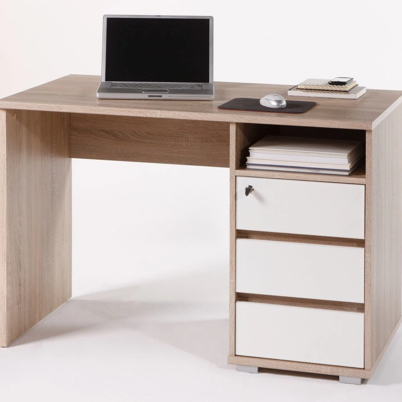 Bureau Primos 110cm Avec 3 Tiroirs - Chêne 1 Bureau Primos 110cm Avec 3 Tiroirs - Chêne
