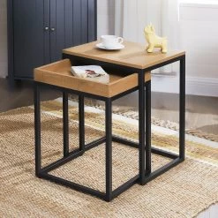 Lot De 2 Tables D'appoint Rectangles Hanne 45x40-bois De Mangue/noir